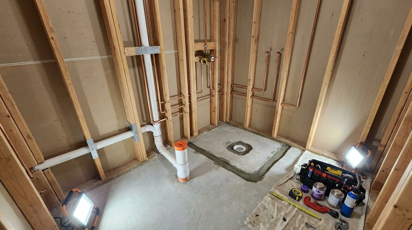 Bathroom rough-in plumbing during remodel by Johns Plumbing LLC in Roland
