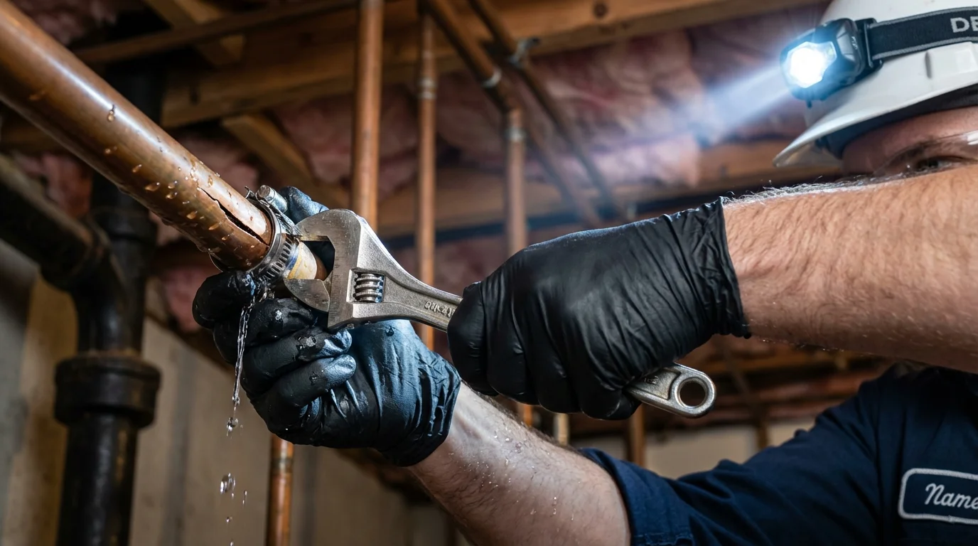 Emergency pipe clamp repair being performed by a Johns Plumbing LLC plumber in Roland