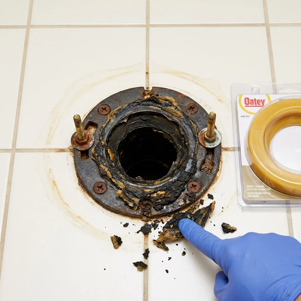 Failed wax ring showing water seepage at the base of a toilet in a Roland, OK home