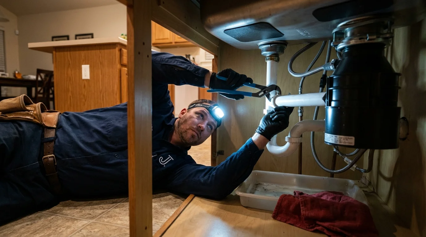 P-trap and supply line connections under a kitchen sink showing a common leak point in Roland, OK